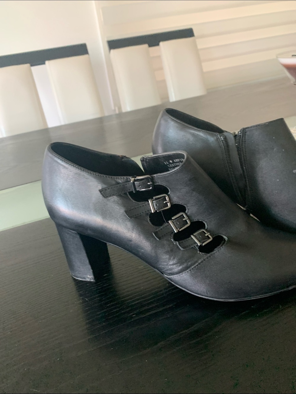David Tate Black Buckle Cutout Block Heel Booties
